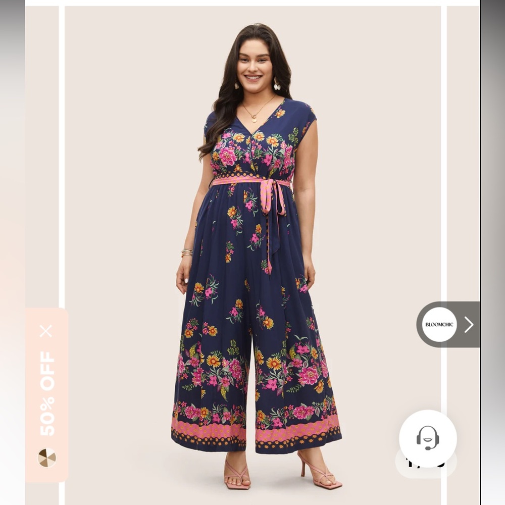 NWT 12 BloomChic Dark Blue Floral Belted Wrap sleeveless Jumpsuit